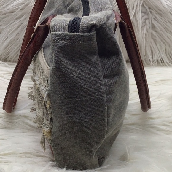 Mona B Upcycle Taupe Canvas Fringe Shoulder Bag - Picture 6 of 11